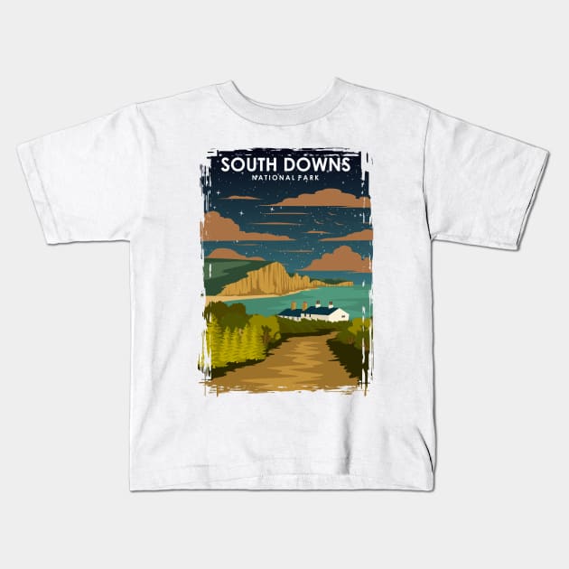 South Downs National Park Vintage Minimal Retro Trael Poster at Night Kids T-Shirt by jornvanhezik